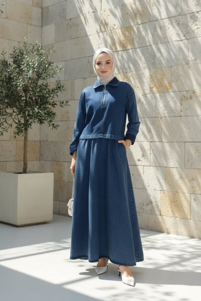 Koyu Mavi Kot Denim Uzun Fermuarlı Üst Etekli Takım