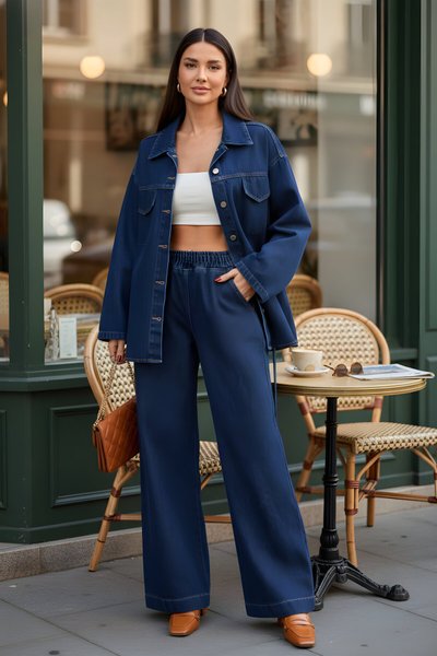 Koyu Mavi Kot İkili Premium Tesettür Takım