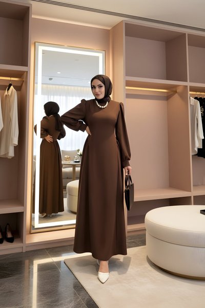 Kahverengi Prenses Büzgülü Elbise