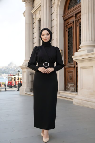 Siyah Sukuba Kalem Önü Çapraz Abiye Elbise