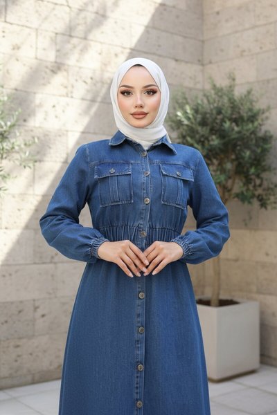 Açık Mavi Beli Lastikli Kot Ferace