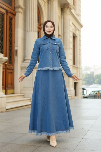 Açık Mavi Etekli Püskül Detaylı Kot İkili Tesettür Takım