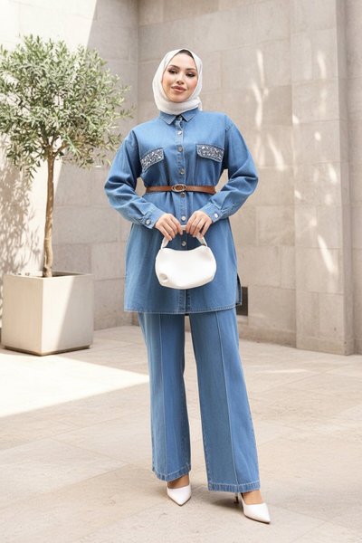 Açık Mavi Kot Düğmeli Taş Detaylı Kemerli İkili Takım