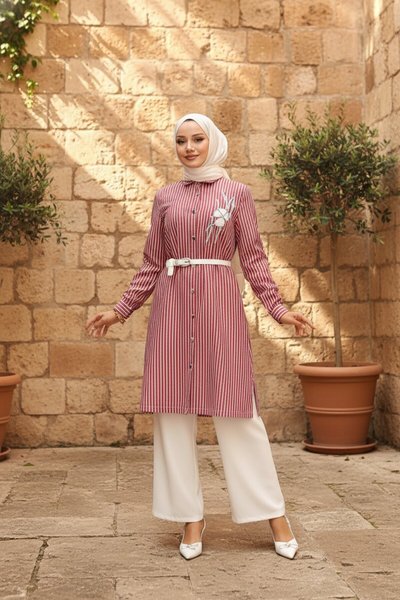 Bordo Çizgili Nakış Detaylı İkili Tesettür Takım