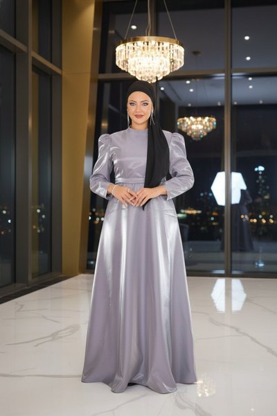 Gri Büyük Beden Omuz Büzgülü Abiye Elbise