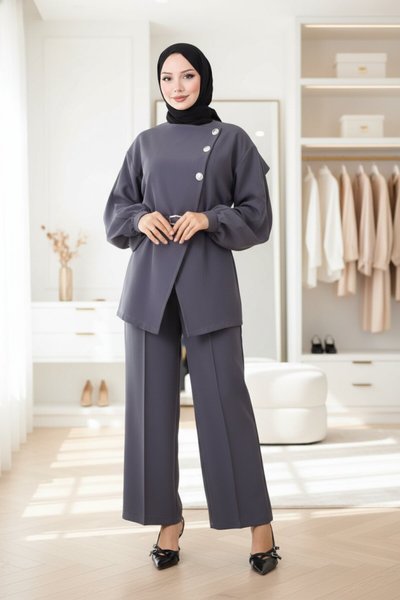 Gri Çapraz Düğmeli İkili Takım