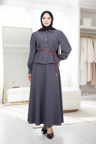 Gri Etekli Kemer Detaylı İkili Takım