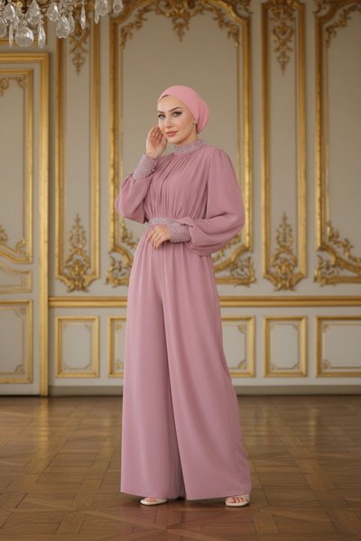 Gül Kurusu Şifon Taş Detaylı Abiye Tulum