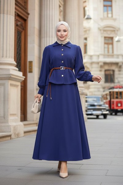 İndigo Etekli Kemer Detaylı İkili Tesettür Takım