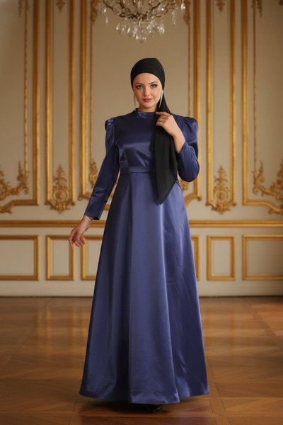 İndigo Omuz Büzgülü Büyük Beden Abiye Elbise