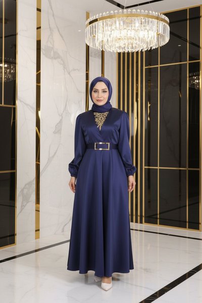 İndigo Saten Taş Detaylı Abiye Elbise