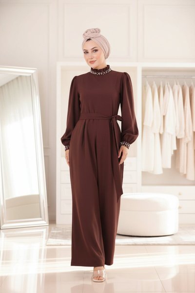 Kahverengi İnci Detaylı Tulum Elbise
