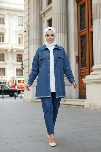 Mavi Püskül Detaylı Kot Ceket