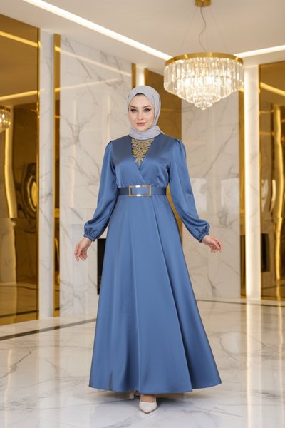 Mavi Saten Taş Detaylı Abiye Elbise
