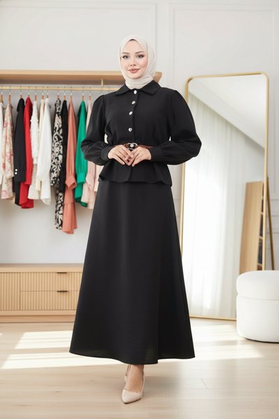 Siyah Kemer Detaylı Etekli İkili Takım