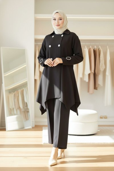 Siyah Manşet Tokalı Düğme Detaylı İkili Takım