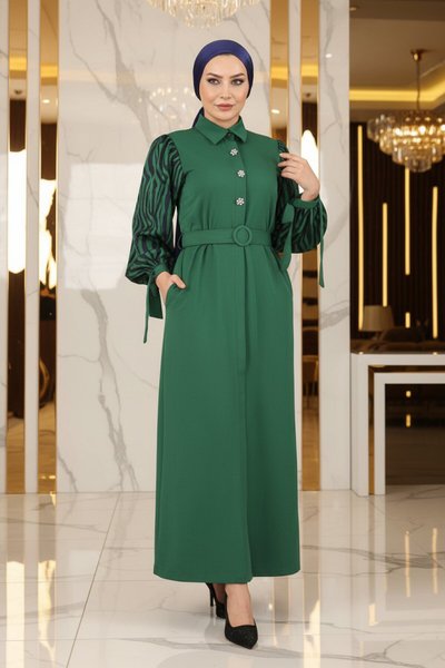 Zümrüt Desenli Taş Detaylı Ferace