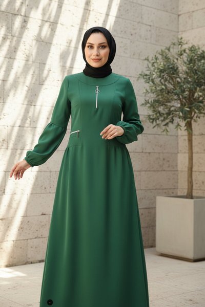 Zümrüt Fermuar Detaylı Elbise