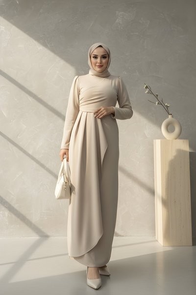 Bej Scuba Özel Tasarım Elbise