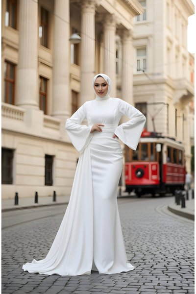 Beyaz İspanyol Kol Kuyruklu Saten Abiye Elbise