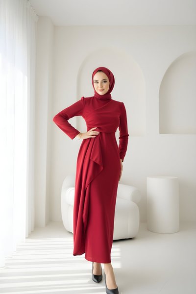 Bordo Scuba Özel Tasarım Tesettür Elbise