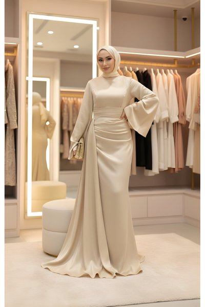 Ekru Kuyruklu Saten İspanyol Kol Abiye Elbise