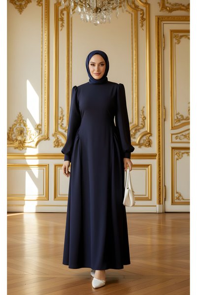 Lacivert Kuyruklu Balon Kol Abiye Elbise