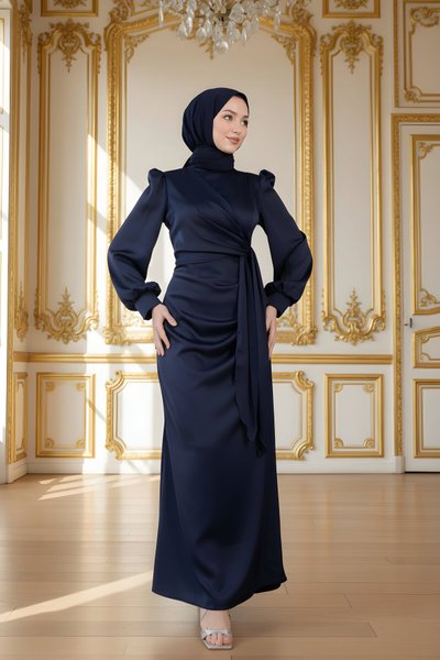 Lacivert Saten Yandan Bağlamalı Pile Detaylı Abiye Elbise