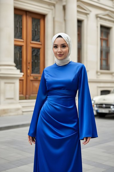Mavi Saten İspanyol Kol Kuyruklu Abiye Elbise
