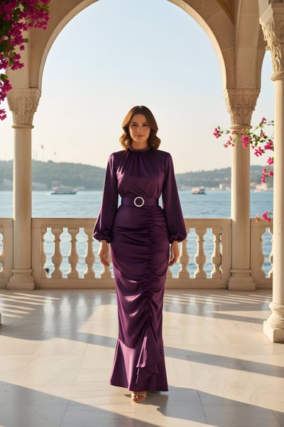 فستان سهرة بنفسجي ساتان بتفاصيل زم وإكسسوار حزام