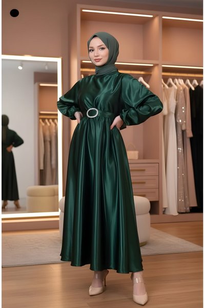 Zümrüt Yeşili Mevlana Saten Abiye Elbise