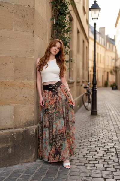 Yeşil Etnik Desenli Kemerli Etek