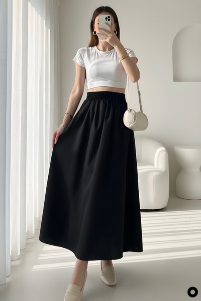 Poplin Elasticated-Waist Double-Pocket Skirt - Black
