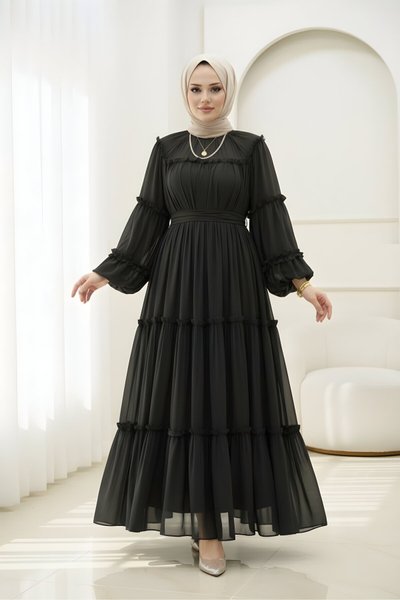 فستان شيفون أسود مكشكش