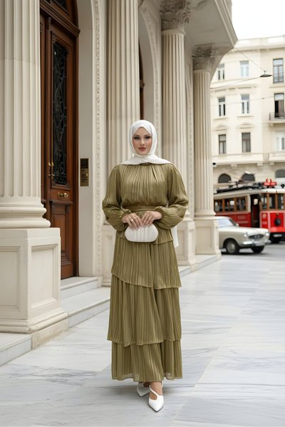 Haki Volan Detaylı Kuşaklı Şifon Elbise