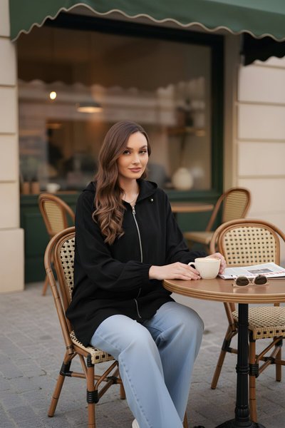 Siyah Oversize Modal Fermuarlı Sweat Tunik