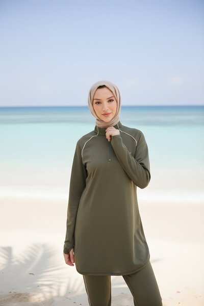 Haki Jogger Kalıp Yarım Fermuarlı Dalgıç Kumaş Tam Kapalı Mayo