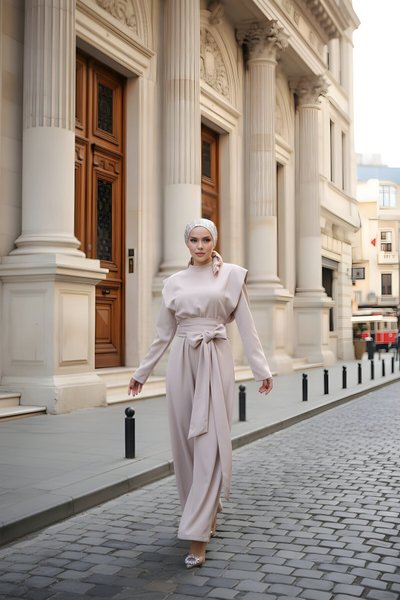 Salopette Wide Belt Zippered Jumpsuit - Cream