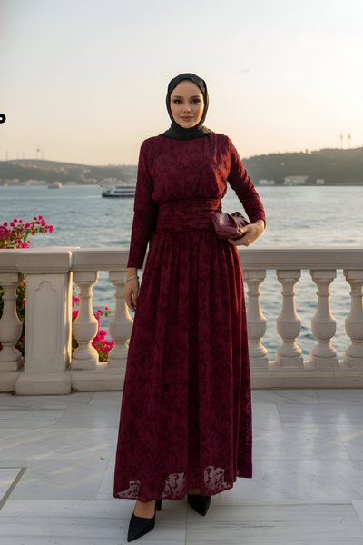 Bordo Dantel Bel Detaylı Abiye Elbise