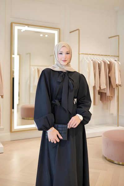 Siyah Kruvaze Kloş Etek Bağlamalı İkili Tesettür Takım