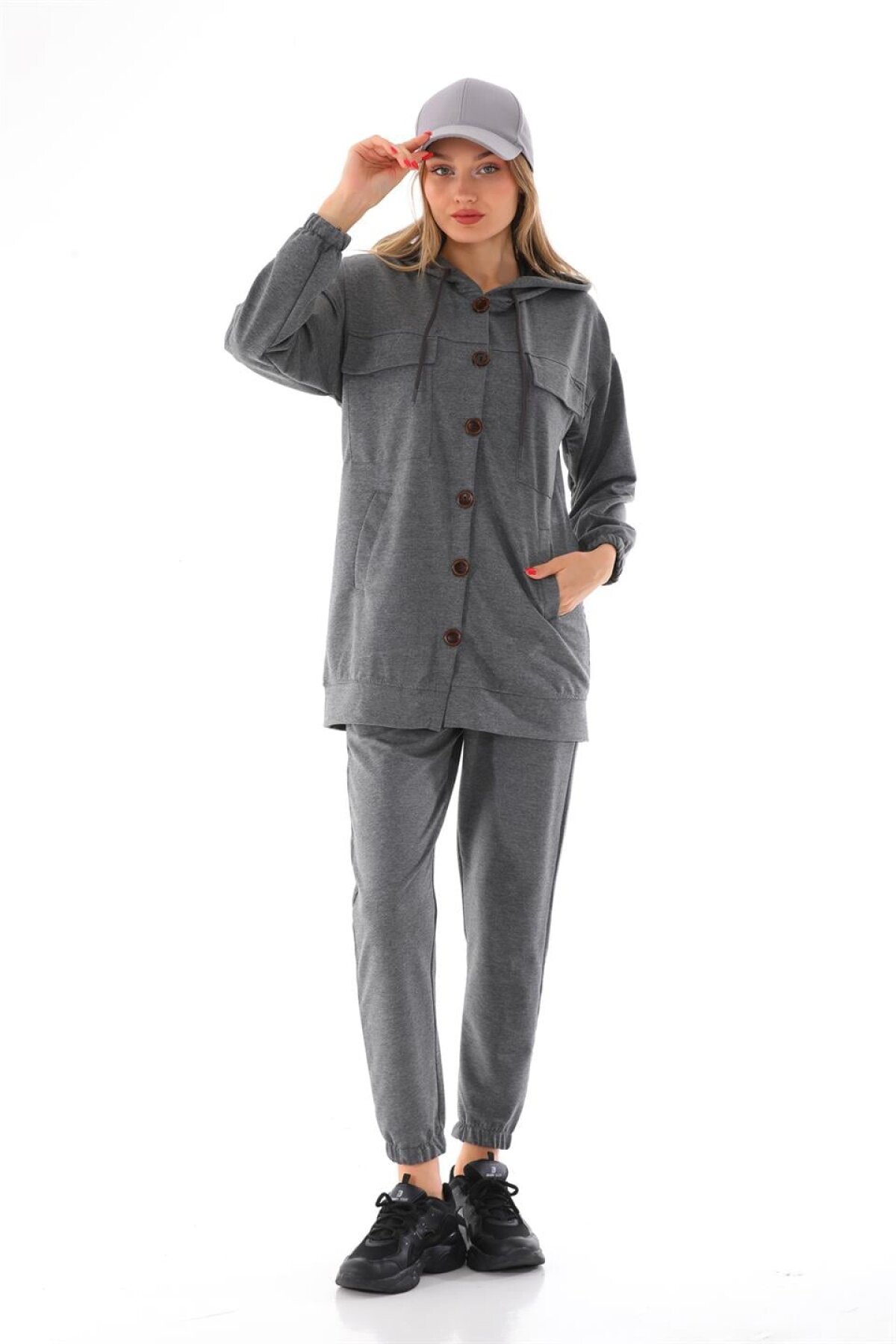 Sporty Large Button Detail Tracksuit Set - Grey - Westbound