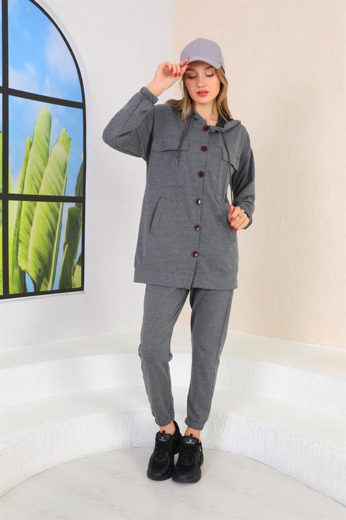 Sporty Large Button Detail Tracksuit Set - Grey - Westbound