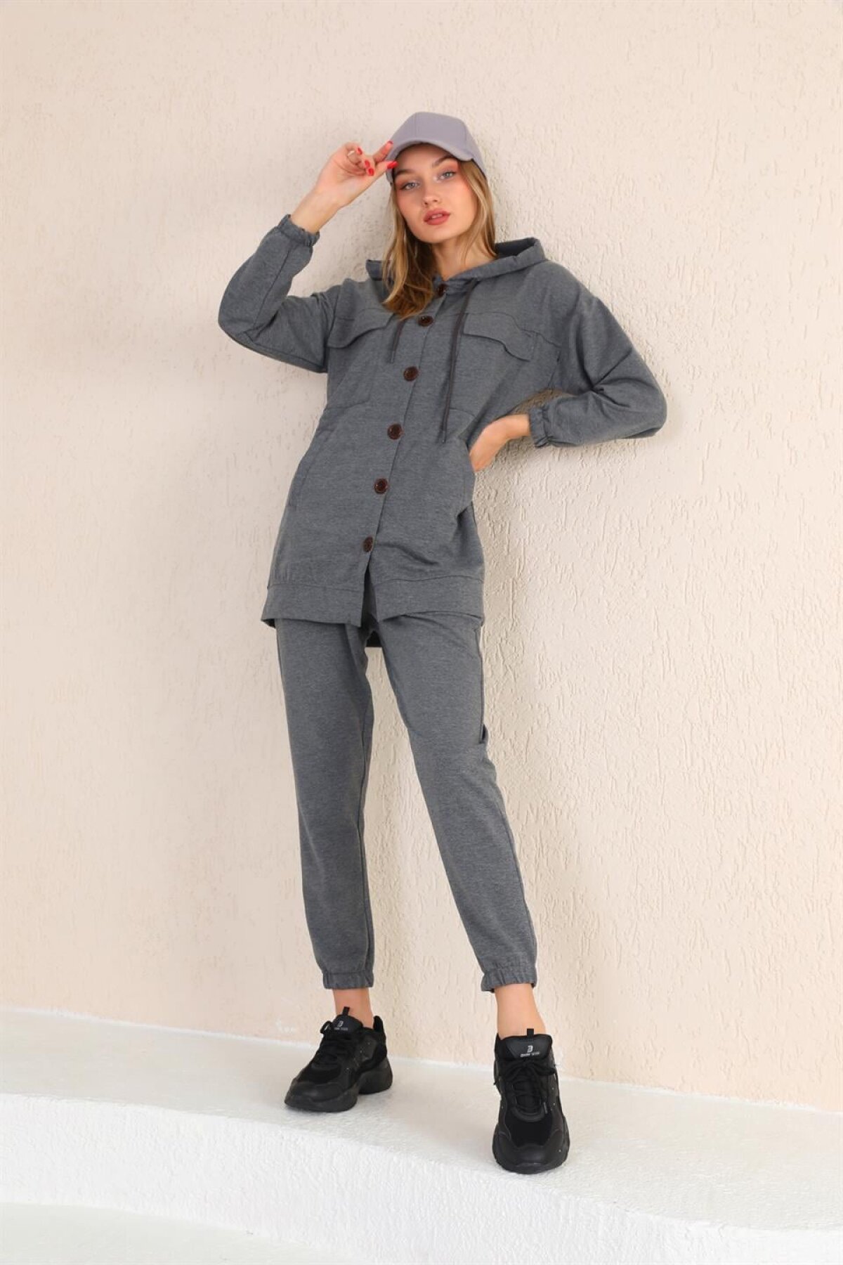 Sporty Large Button Detail Tracksuit Set - Grey - Westbound