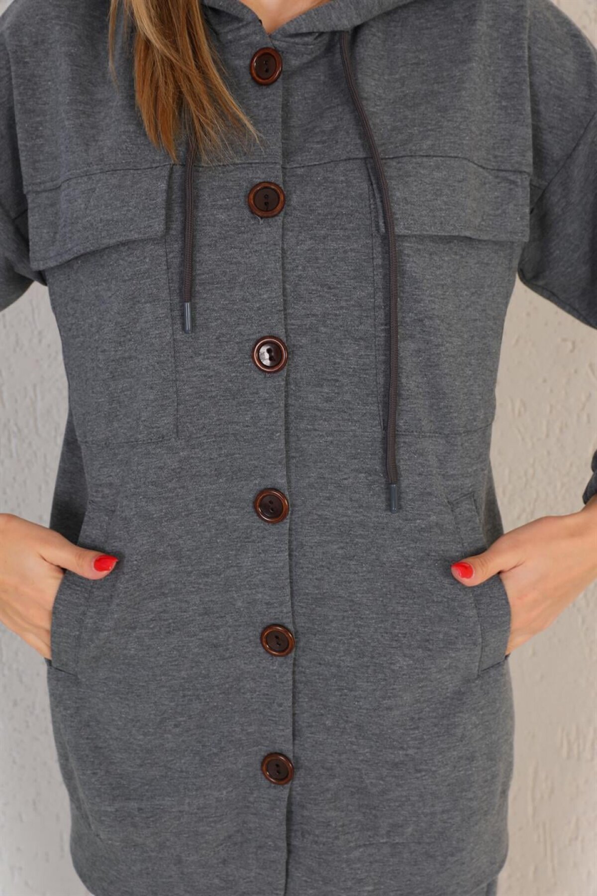 Sporty Large Button Detail Tracksuit Set - Grey - Westbound
