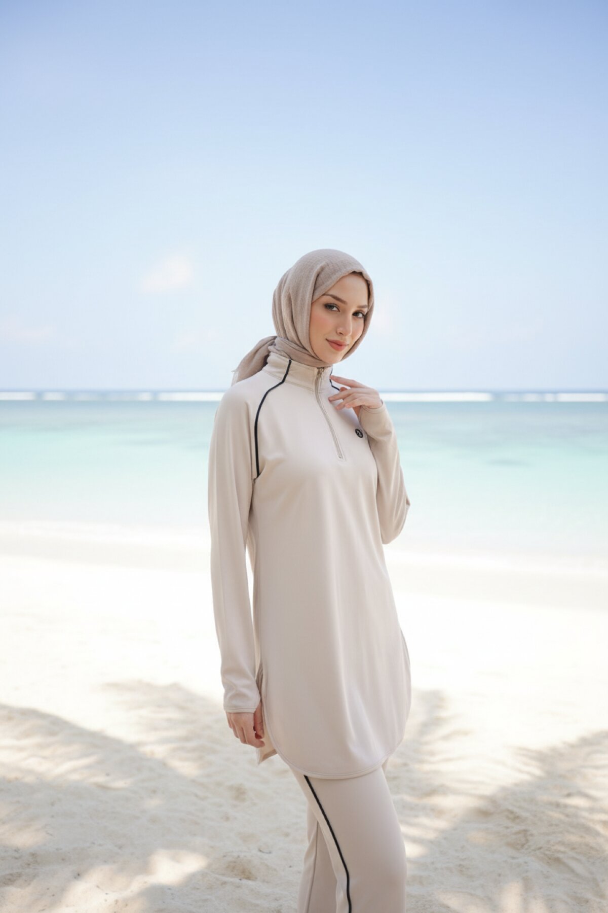 Jogger Fit Full Coverage Scuba Fabric Half-Zip Burkini - Beige - Wovi