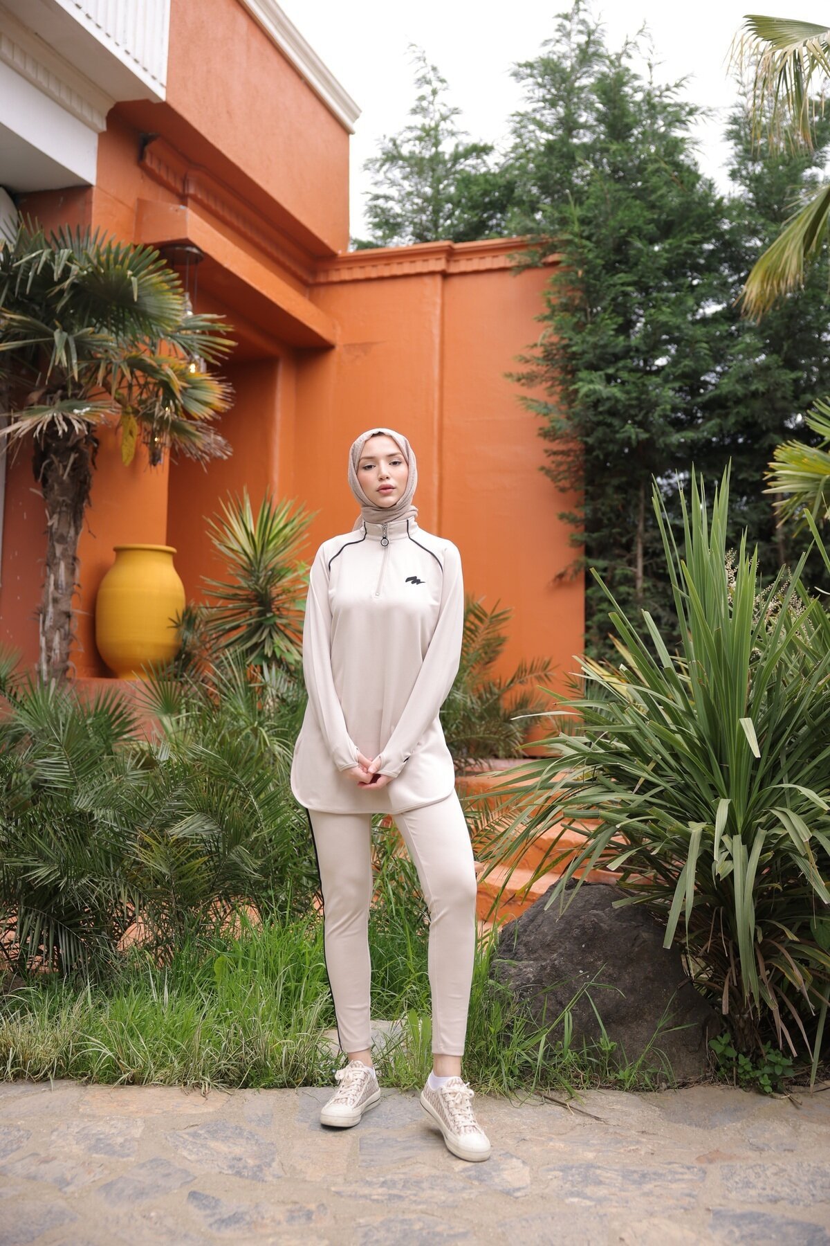 Jogger Fit Full Coverage Scuba Fabric Half-Zip Burkini - Beige - Wovi