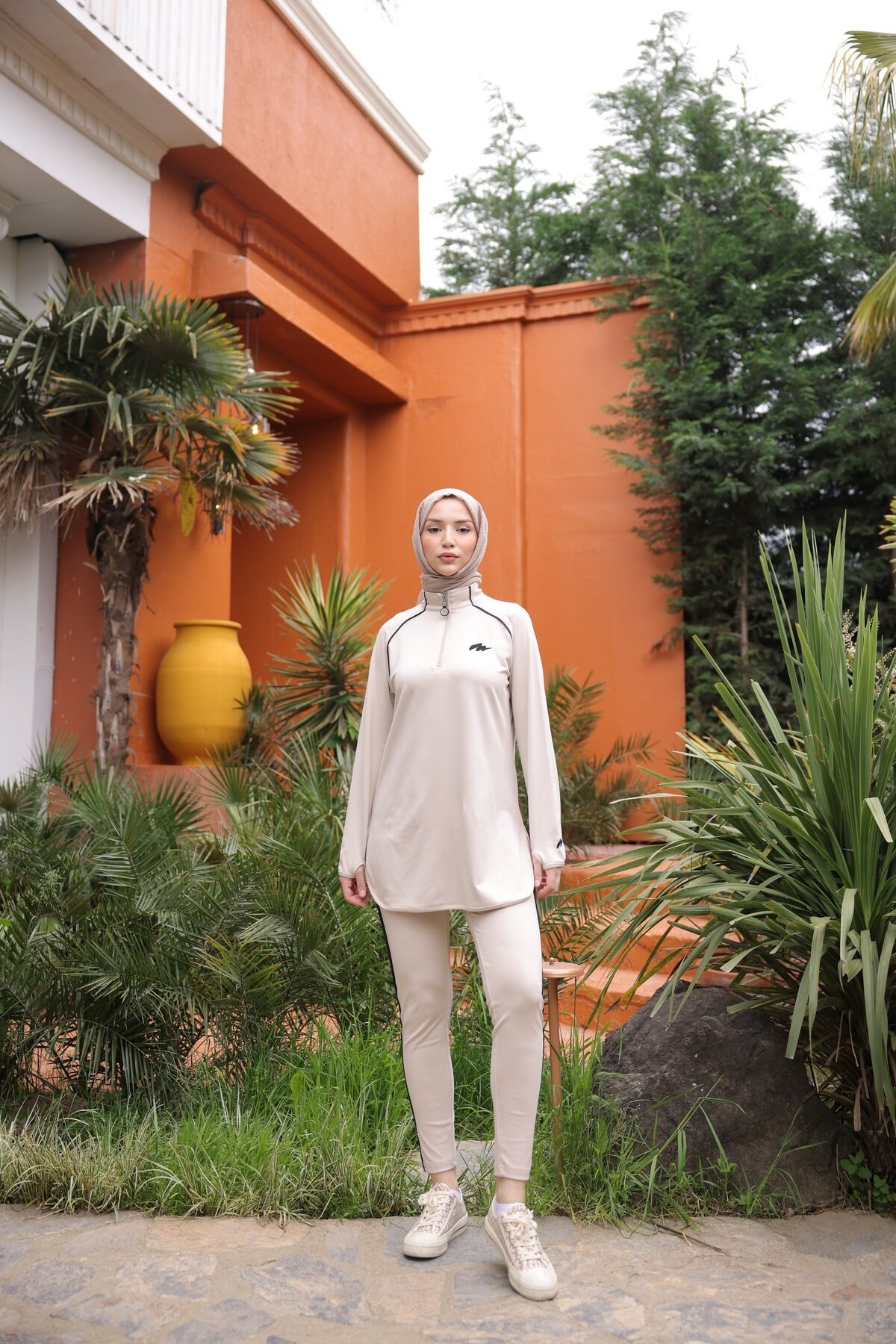 Jogger Fit Full Coverage Scuba Fabric Half-Zip Burkini - Beige - Wovi