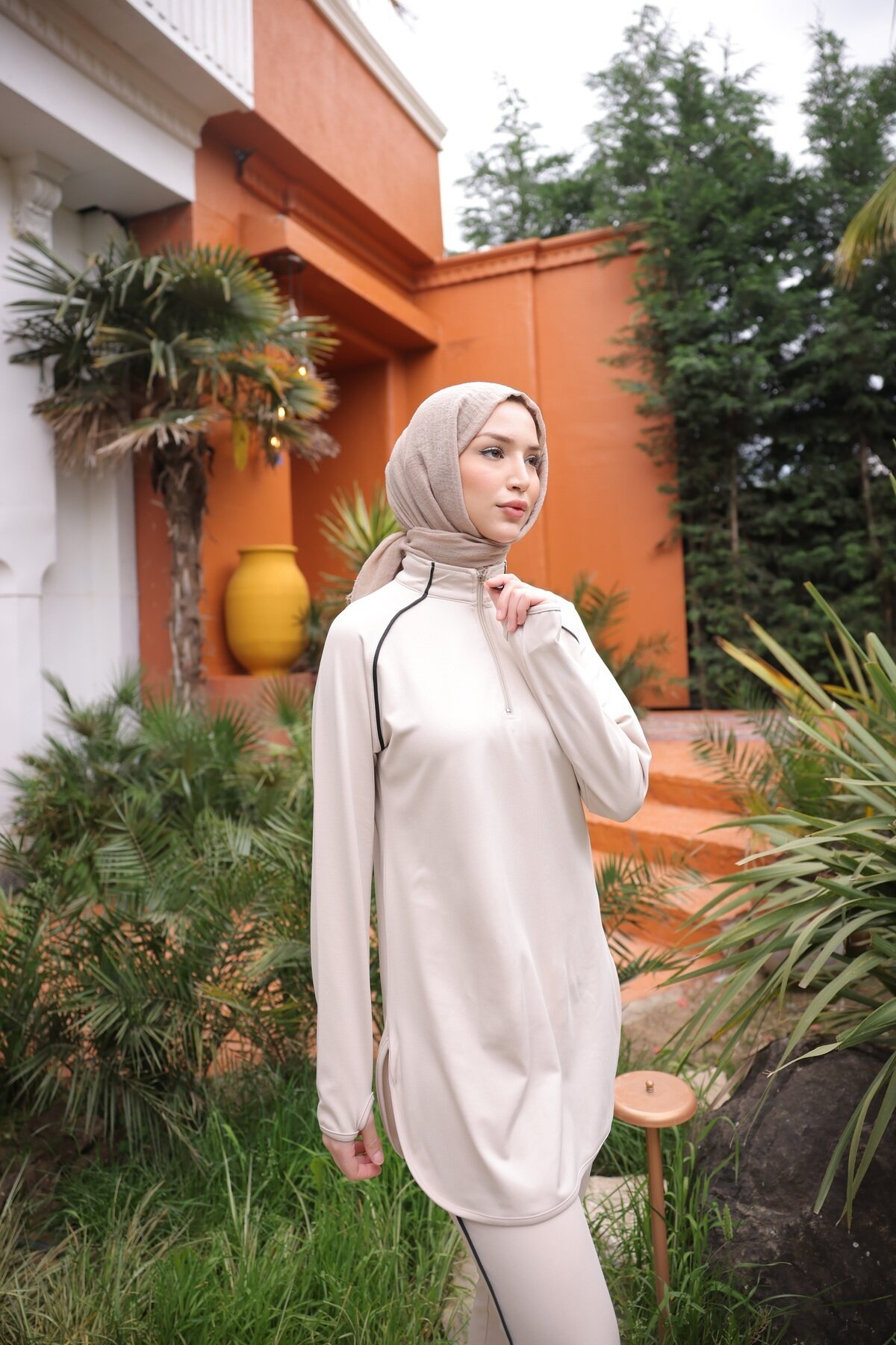 Jogger Fit Full Coverage Scuba Fabric Half-Zip Burkini - Beige - Wovi