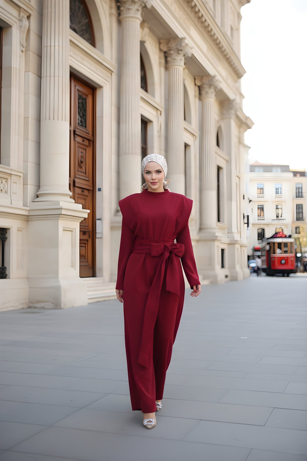 Bordo Salopet Geniş Kuşak Fermuarlı Tulum - Wovi