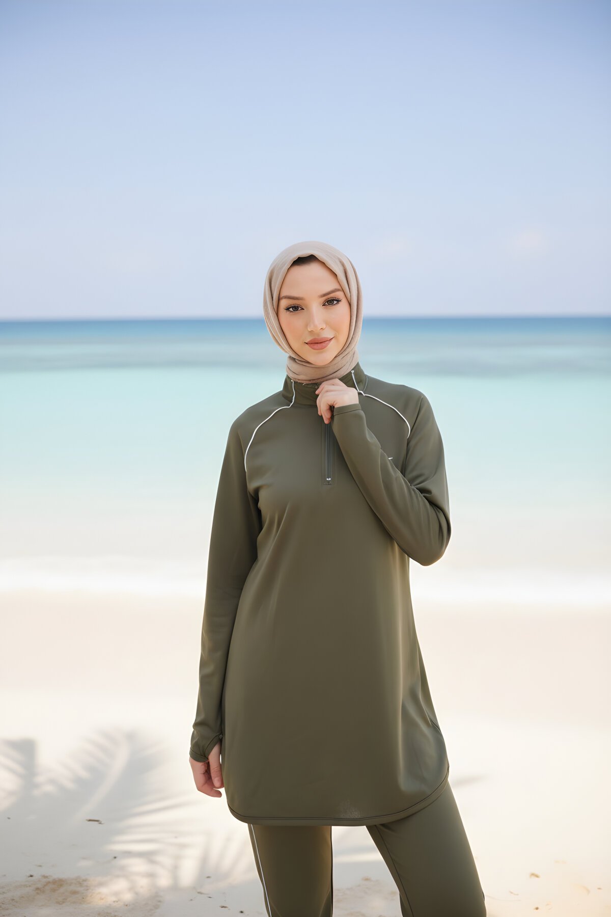 Haki Jogger Kalıp Yarım Fermuarlı Dalgıç Kumaş Tam Kapalı Mayo - Wovi